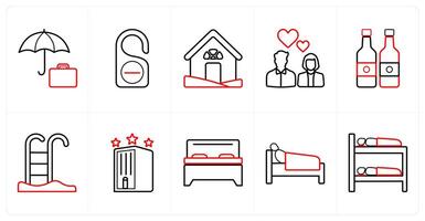 A set of 10 Travel and vacation icons as vacation, hotel label, house in red line color vector