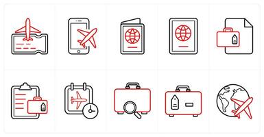A set of 10 Travel and vacation icons as flight travel, book flight, passport in red line color vector