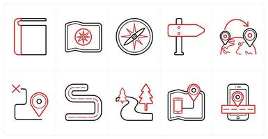 A set of 10 Travel and vacation icons as book, navigation, compass in red line color vector