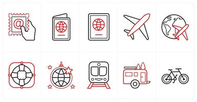 A set of 10 Travel and vacation icons as postcard, passport, plane in red line color vector