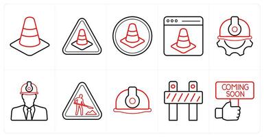 A set of 10 Under Construction icons as traffic, cone, website maintenance in red line color vector