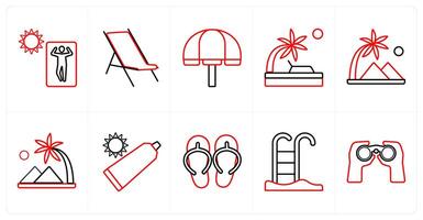 A set of 10 Travel and vacation icons as sunbath, rest, beach in red line color vector