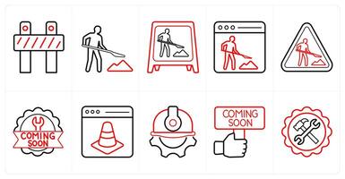 A set of 10 Under Construction icons as under construction, work in progress, website maintenance in red line color vector