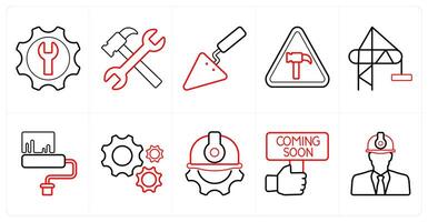 A set of 10 Under Construction icons as tools, repair tools, hand tools in red line color vector