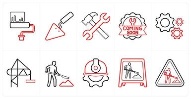 A set of 10 Under Construction icons as white wash, hand tools, repair tools in red line color vector