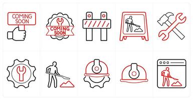 A set of 10 Under Construction icons as coming soon, under maintenance, work in progress in red line color vector