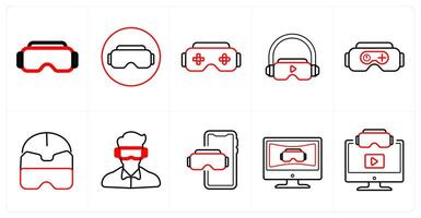 A set of 10 Virtual Reality icons as vr glaases, emotion, game in red line color vector