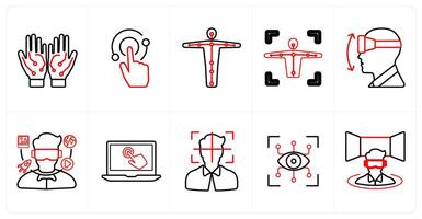 A set of 10 Virtual Reality icons as wired gloves, interaction, motion tracking in red line color vector