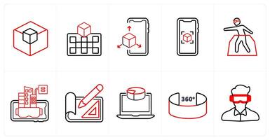 A set of 10 Virtual Reality icons as 3d model, vr projection, 3d display in red line color vector