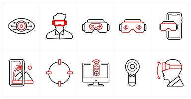 A set of 10 Virtual Reality icons as cyber eye vision, oculus vr, vr gaming in red line color vector