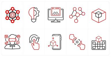 A set of 10 Virtual Reality icons as framework, innovation, interface in red line color vector