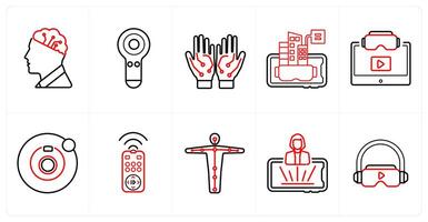 A set of 10 Virtual Reality icons as artificial intelligence, controller, wired gloves in red line color vector
