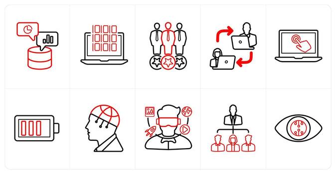 A set of 10 Virtual Reality icons as data, software, consumers in red line color vector