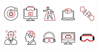 A set of 10 Virtual Reality icons as camera 360, 3d , vr platform in red line color vector