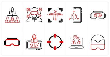 A set of 10 Virtual Reality icons as social network, virtual reality, motion capture in red line color vector