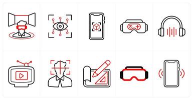 A set of 10 Virtual Reality icons as vr simulator, eye tap, virtual presentation in red line color vector