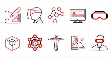 A set of 10 Virtual Reality icons as projection mapping, vr movements, interaction in red line color vector