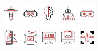 A set of 10 Virtual Reality icons as motion tracking, vr gaming, innovation in red line color vector