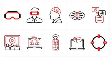 A set of 10 Virtual Reality icons as vr glasses, oculus vr, artificial intelligence in red line color vector