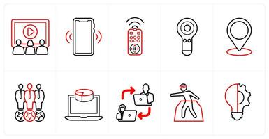 A set of 10 Virtual Reality icons as cinema room, sensor, remote access in red line color vector