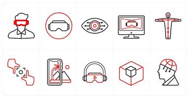 A set of 10 Virtual Reality icons as oculus vr, emotion, cyber eye vision in red line color vector