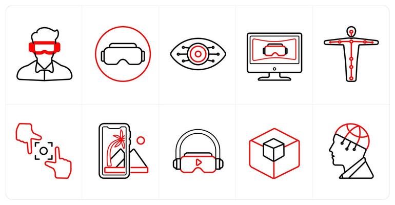 A set of 10 Virtual Reality icons as oculus vr, emotion, cyber eye vision in red line color