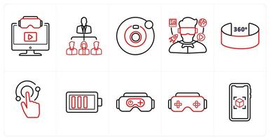 A set of 10 Virtual Reality icons as 3d , social network, camera 360 in red line color vector