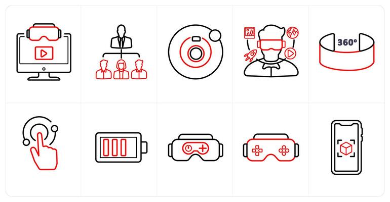 A set of 10 Virtual Reality icons as 3d , social network, camera 360 in red line color