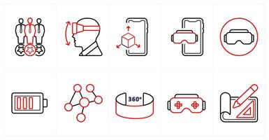 A set of 10 Virtual Reality icons as consumers, vr movements, 3d display in red line color vector