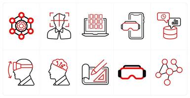 A set of 10 Virtual Reality icons as framework, head tracking, software in red line color vector