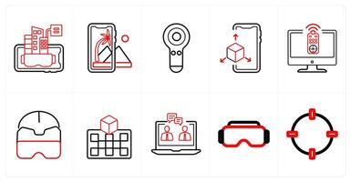 A set of 10 Virtual Reality icons as vr application, controllers, 3d display in red line color vector
