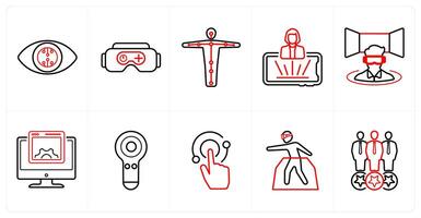 A set of 10 Virtual Reality icons as smart lenses, vr gaming, motion tracking in red line color vector
