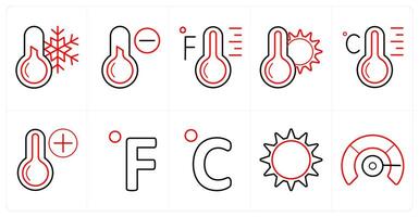 A set of 10 Weather icons as thermometer, cold temperature, fahrenheit in red line color vector