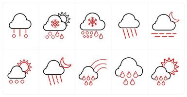 A set of 10 Weather icons as rain, snowfall, rainy cloud in red line color vector