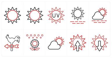 A set of 10 Weather icons as sunny day, sun, uv rays in red line color vector