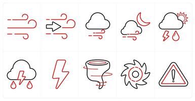 A set of 10 Weather icons as wind, storm, thunderstorm in red line color vector