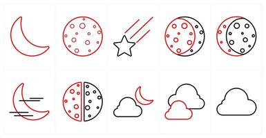 A set of 10 Weather icons as half moon, full moon, falling star in red line color vector