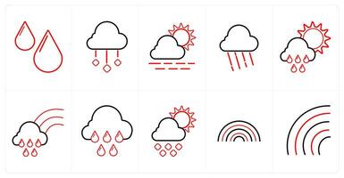 A set of 10 Weather icons as rain drops, rain, sunny day in red line color vector