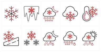 A set of 10 Weather icons as winter, cold ice, snowfall in red line color vector