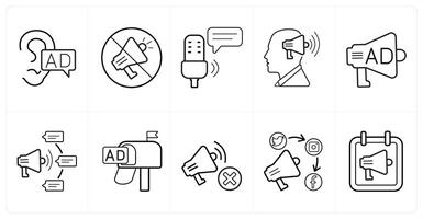 A set of 10 ads and marketing icons as viral ad, ad prohibited, mic advertisement in black line color vector