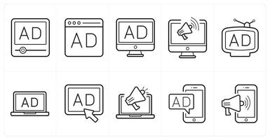 A set of 10 ads and marketing icons as advertisement, website ad, banner ad in black line color vector