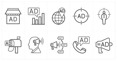 A set of 10 ads and marketing icons as advertisement store, advertisement graph, global advertisement in black line color vector