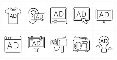 A set of 10 ads and marketing icons as product ad, viral ad, advertisement in black line color vector
