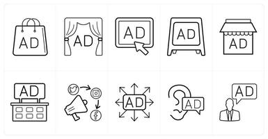 A set of 10 ads and marketing icons as advertisement bag, advertisement, pay per click ad in black line color vector