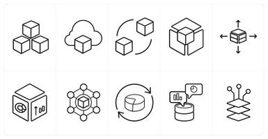 A set of 10 Big Data icons as 3d, cloud storage, refresh in black line color vector