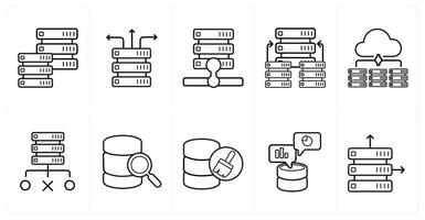 A set of 10 Big Data icons as hosting server, server connectivity, hosting server in black line color vector