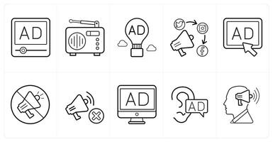 A set of 10 ads and marketing icons as advertisement, radio ad, balloon ad in black line color vector