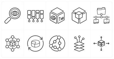 A set of 10 Big Data icons as data search, statistics, analytics in black line color vector