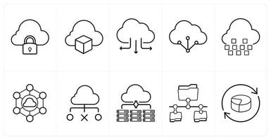 A set of 10 Big Data icons as cloud security, cloud storage, cloud backup in black line color vector