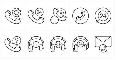 A set of 10 Customer Support icons as calling support, 24x7 call, calling status in black line color vector